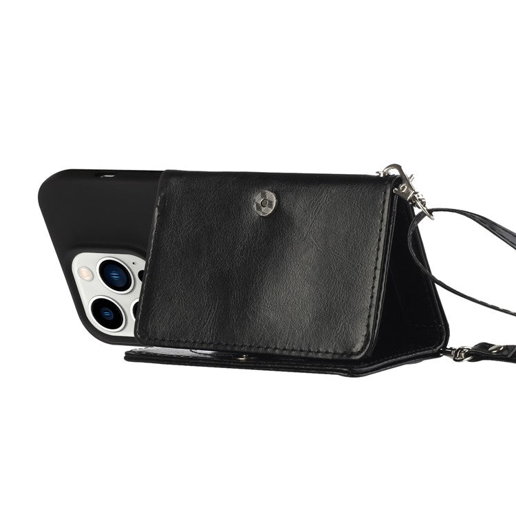 PU Leather Wallet TPU Case for iPhone 14 Pro, Kickstand Anti-scratch Phone Cover with Shoulder Strap - Black