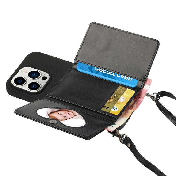 PU Leather Wallet TPU Case for iPhone 14 Pro, Kickstand Anti-scratch Phone Cover with Shoulder Strap - Black