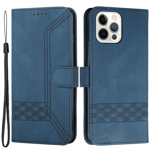 YX0010 Series for iPhone 14 Pro Imprinted Rhombus and Lines Stand Case PU Leather + TPU Phone Wallet Cover with Strap - Blue