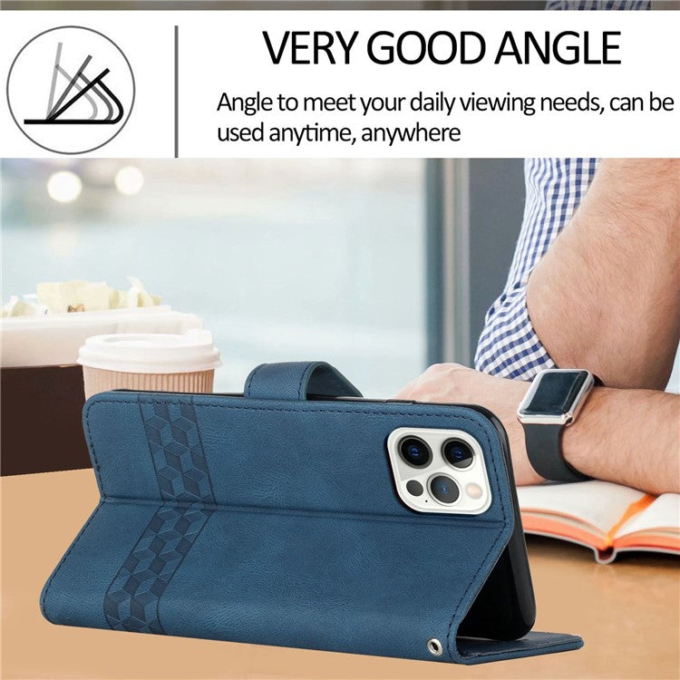 YX0010 Series for iPhone 14 Pro Imprinted Rhombus and Lines Stand Case PU Leather + TPU Phone Wallet Cover with Strap - Blue