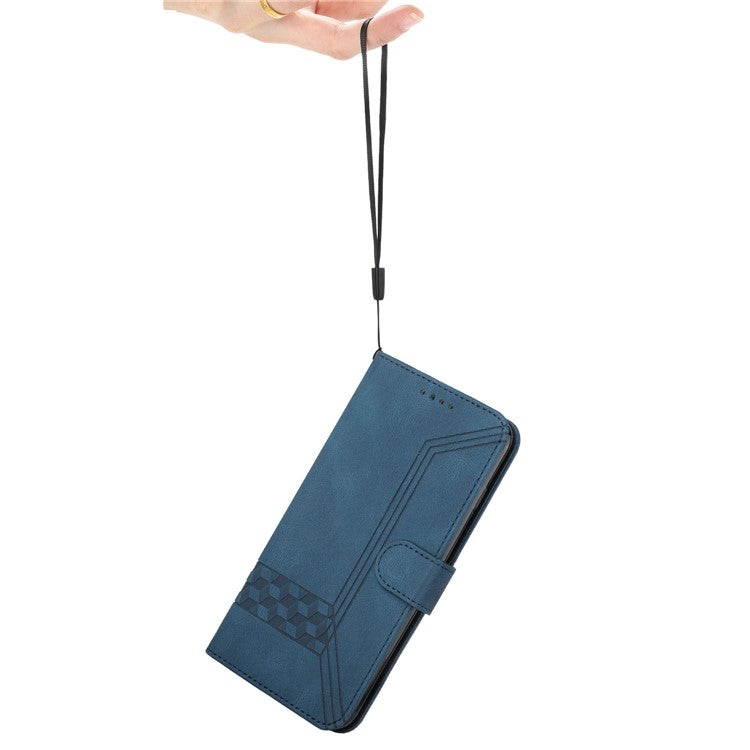 YX0010 Series for iPhone 14 Pro Imprinted Rhombus and Lines Stand Case PU Leather + TPU Phone Wallet Cover with Strap - Blue
