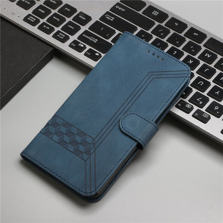 YX0010 Series for iPhone 14 Pro Imprinted Rhombus and Lines Stand Case PU Leather + TPU Phone Wallet Cover with Strap - Blue