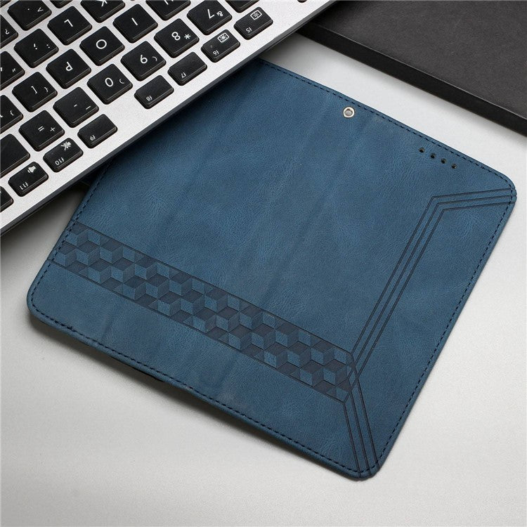 YX0010 Series for iPhone 14 Pro Imprinted Rhombus and Lines Stand Case PU Leather + TPU Phone Wallet Cover with Strap - Blue