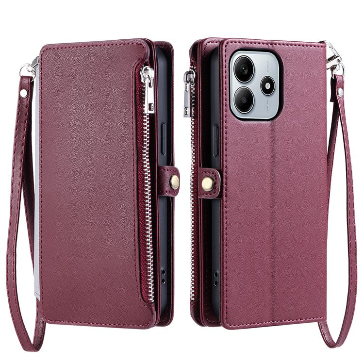 For Xiaomi Redmi Note 14 4G (163.25x76.55x8.16mm) Leather Case TPU+PU Wallet Phone Cover with Strap - Wine Red