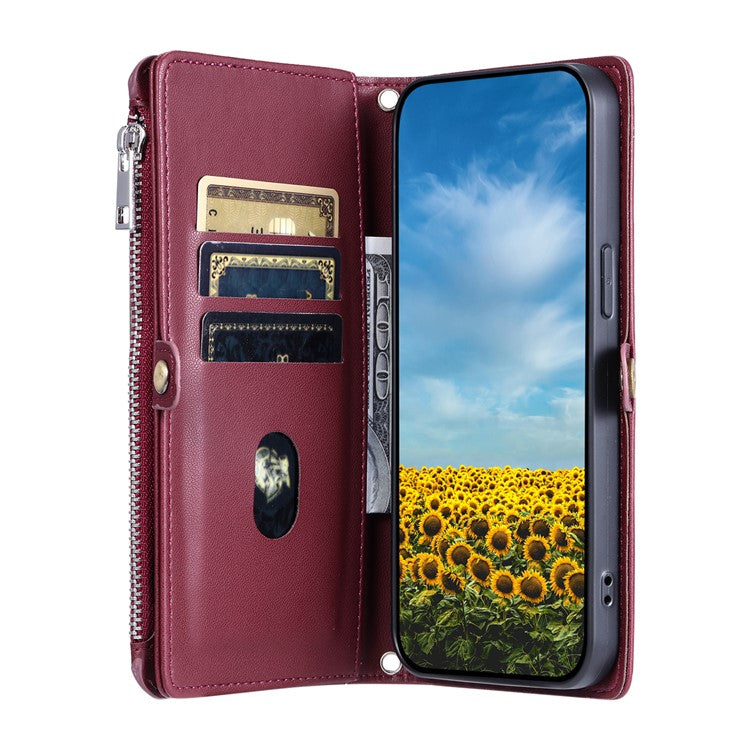 For Xiaomi Redmi Note 14 4G (163.25x76.55x8.16mm) Leather Case TPU+PU Wallet Phone Cover with Strap - Wine Red