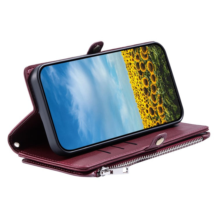 For Xiaomi Redmi Note 14 4G (163.25x76.55x8.16mm) Leather Case TPU+PU Wallet Phone Cover with Strap - Wine Red