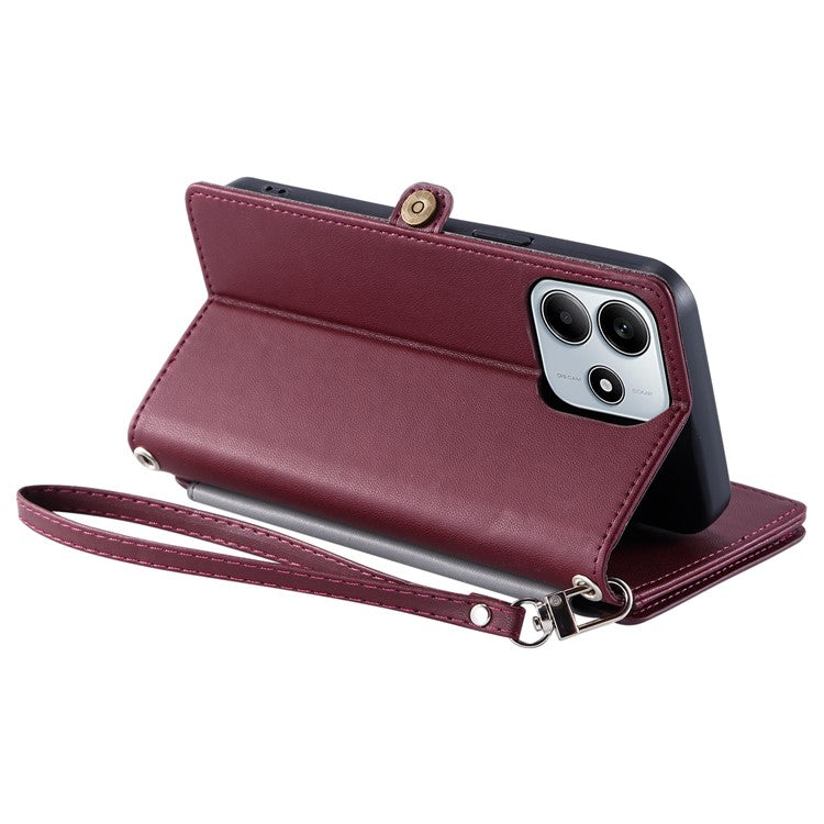 For Xiaomi Redmi Note 14 4G (163.25x76.55x8.16mm) Leather Case TPU+PU Wallet Phone Cover with Strap - Wine Red