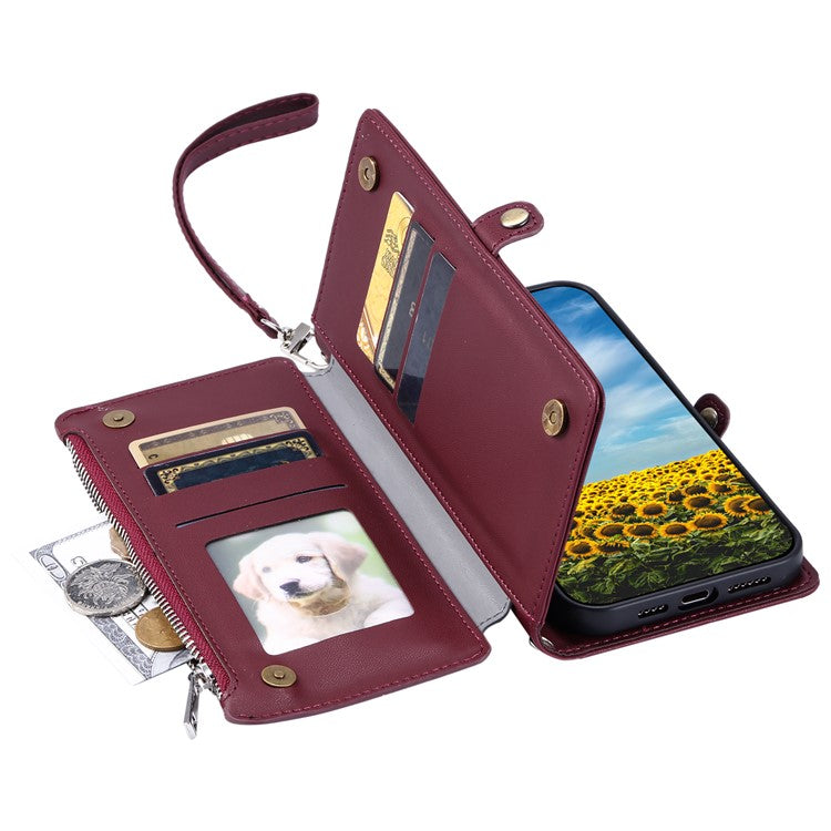 For Xiaomi Redmi Note 14 4G (163.25x76.55x8.16mm) Leather Case TPU+PU Wallet Phone Cover with Strap - Wine Red