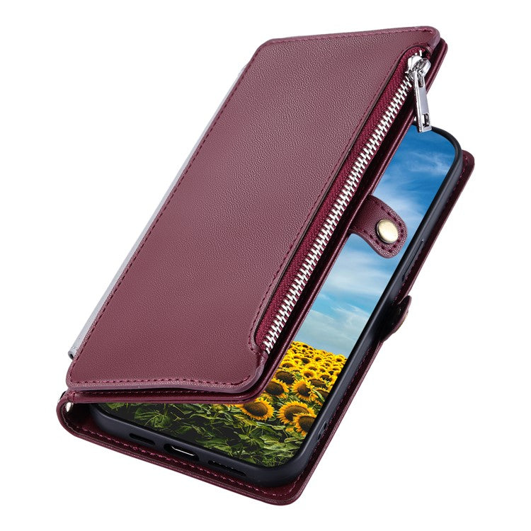 For Xiaomi Redmi Note 14 4G (163.25x76.55x8.16mm) Leather Case TPU+PU Wallet Phone Cover with Strap - Wine Red
