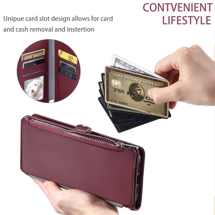 For Xiaomi Redmi Note 14 4G (163.25x76.55x8.16mm) Leather Case TPU+PU Wallet Phone Cover with Strap - Wine Red