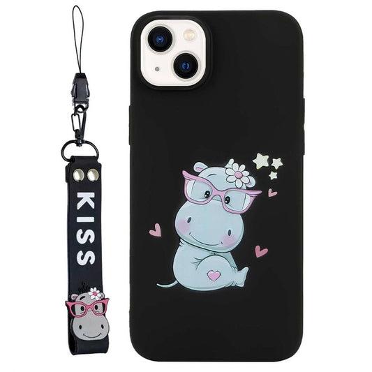 Pattern Printed Phone Case for iPhone 14 Shockproof Cover Anti-Drop Phone Case with Silicone Strap - Hippo