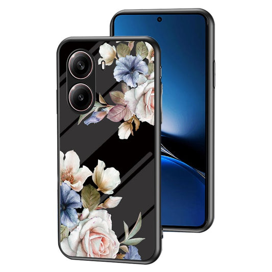 For Xiaomi Redmi Turbo 4 5G Case Floral Pattern TPU + Tempered Glass Protective Phone Cover - Black Flower Bush
