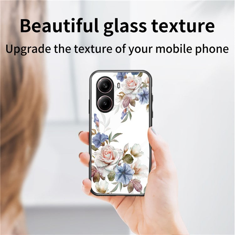 For Xiaomi Redmi Turbo 4 5G Case Floral Pattern TPU + Tempered Glass Protective Phone Cover - Black Flower Bush