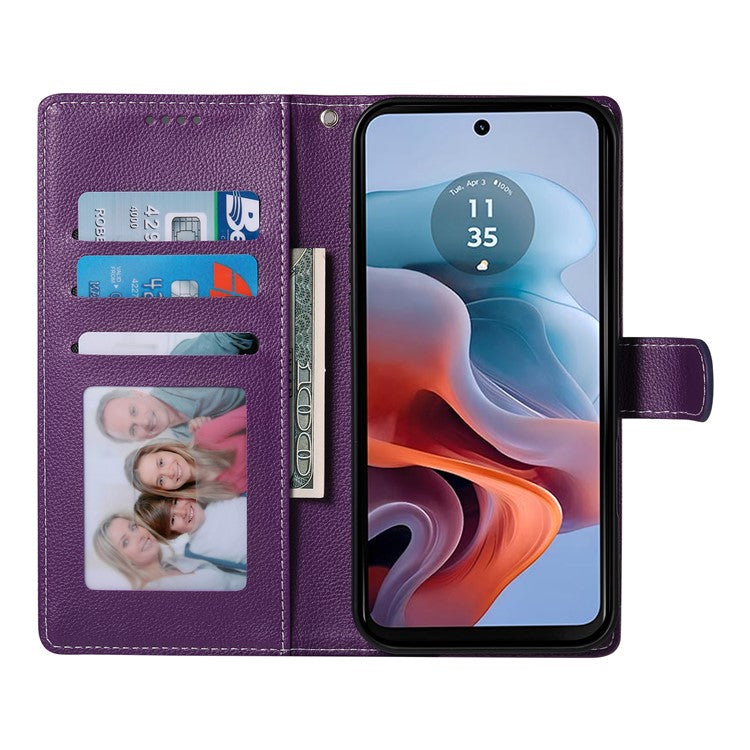 Stand Case for Motorola Moto G24 4G / G04 4G Litchi Texture Leather Wallet Phone Cover Magnetic Snap - Purple