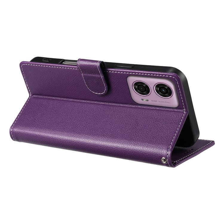 Stand Case for Motorola Moto G24 4G / G04 4G Litchi Texture Leather Wallet Phone Cover Magnetic Snap - Purple