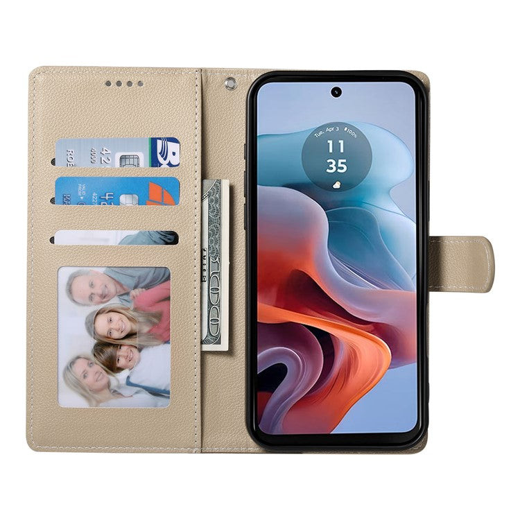 Stand Case for Motorola Moto G24 4G / G04 4G Litchi Texture Leather Wallet Phone Cover Magnetic Snap - Apricot