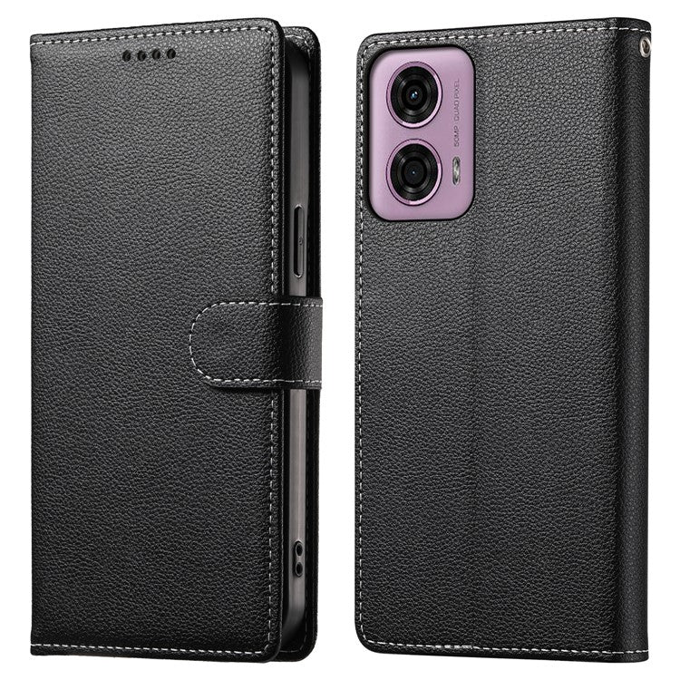 Stand Case for Motorola Moto G24 4G / G04 4G Litchi Texture Leather Wallet Phone Cover Magnetic Snap - Black