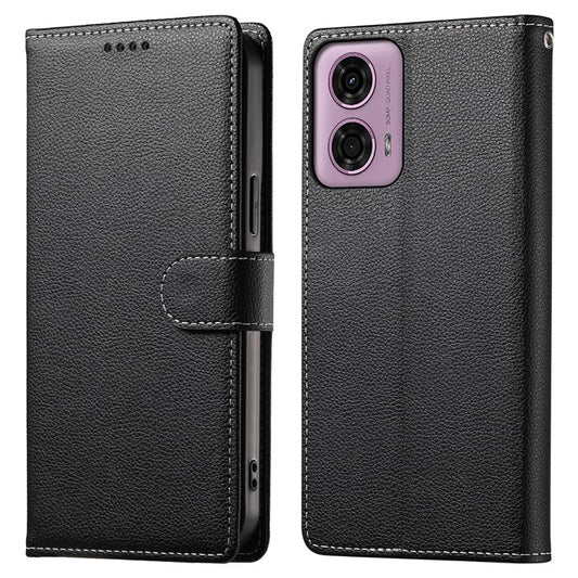 Stand Case for Motorola Moto G24 4G / G04 4G Litchi Texture Leather Wallet Phone Cover Magnetic Snap - Black