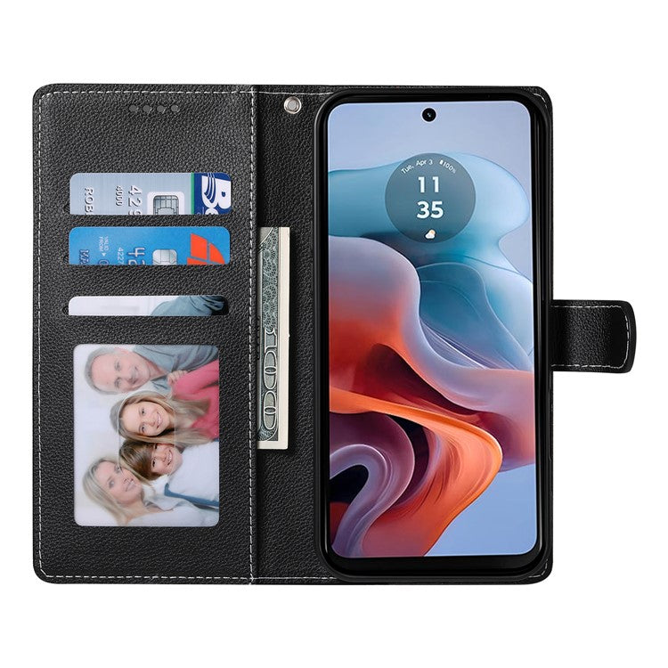 Stand Case for Motorola Moto G24 4G / G04 4G Litchi Texture Leather Wallet Phone Cover Magnetic Snap - Black