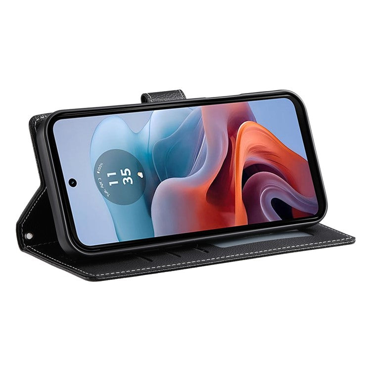 Stand Case for Motorola Moto G24 4G / G04 4G Litchi Texture Leather Wallet Phone Cover Magnetic Snap - Black