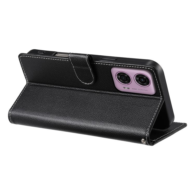 Stand Case for Motorola Moto G24 4G / G04 4G Litchi Texture Leather Wallet Phone Cover Magnetic Snap - Black