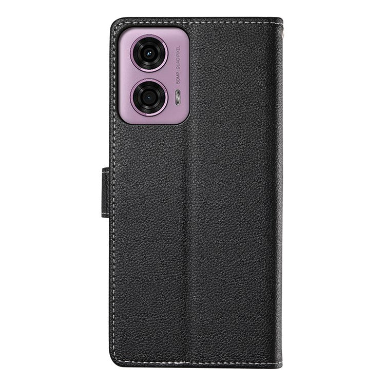 Stand Case for Motorola Moto G24 4G / G04 4G Litchi Texture Leather Wallet Phone Cover Magnetic Snap - Black
