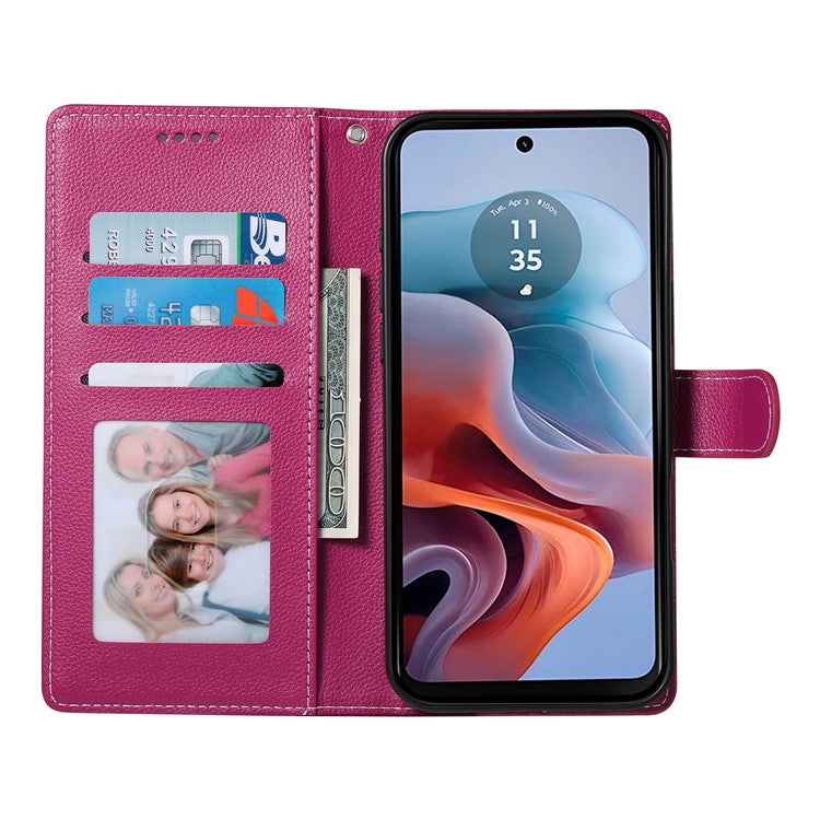 Stand Case for Motorola Moto G24 4G / G04 4G Litchi Texture Leather Wallet Phone Cover Magnetic Snap - Rose