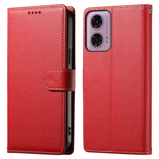 Stand Case for Motorola Moto G24 4G / G04 4G Litchi Texture Leather Wallet Phone Cover Magnetic Snap - Red