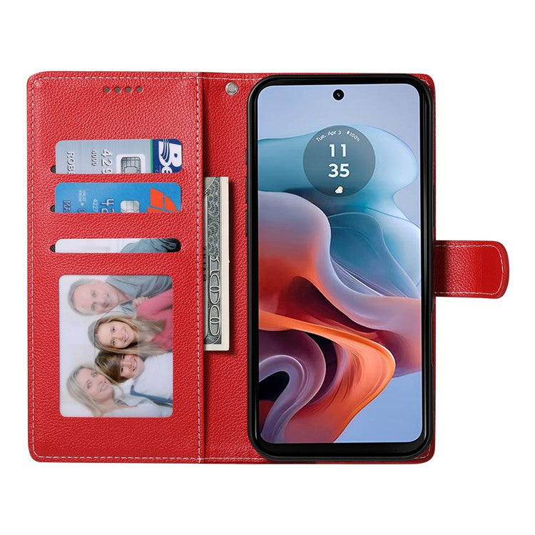 Stand Case for Motorola Moto G24 4G / G04 4G Litchi Texture Leather Wallet Phone Cover Magnetic Snap - Red