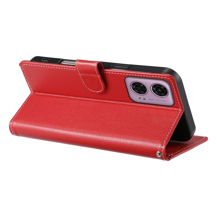 Stand Case for Motorola Moto G24 4G / G04 4G Litchi Texture Leather Wallet Phone Cover Magnetic Snap - Red