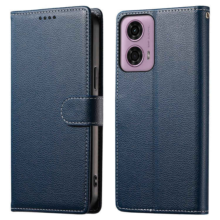 Stand Case for Motorola Moto G24 4G / G04 4G Litchi Texture Leather Wallet Phone Cover Magnetic Snap - Dark Blue