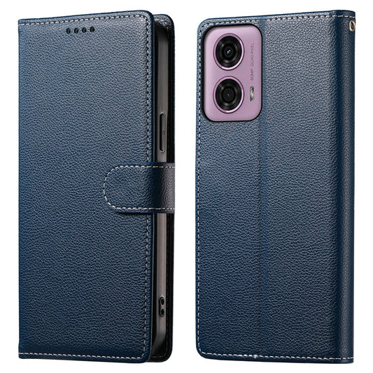 Stand Case for Motorola Moto G24 4G / G04 4G Litchi Texture Leather Wallet Phone Cover Magnetic Snap - Dark Blue