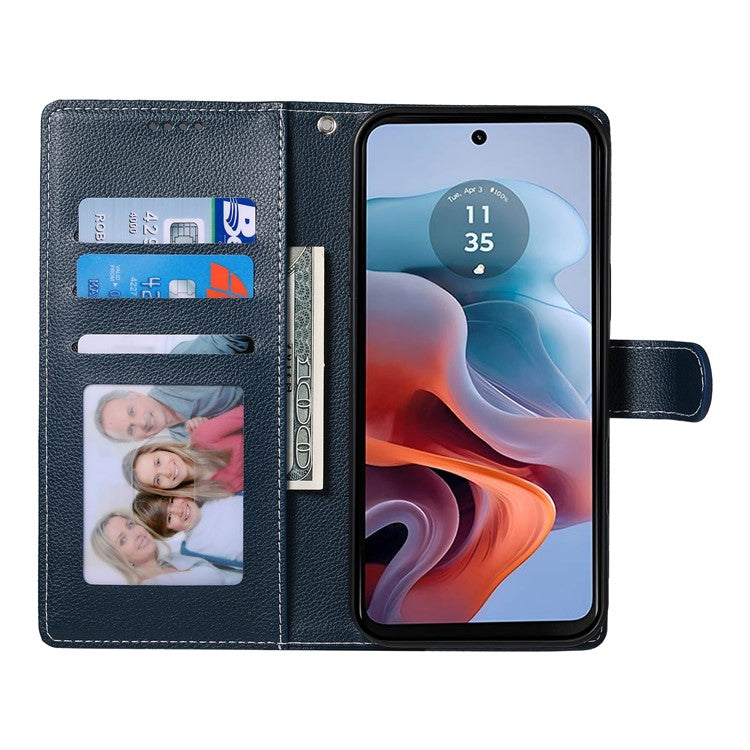 Stand Case for Motorola Moto G24 4G / G04 4G Litchi Texture Leather Wallet Phone Cover Magnetic Snap - Dark Blue