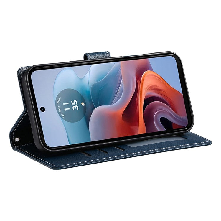 Stand Case for Motorola Moto G24 4G / G04 4G Litchi Texture Leather Wallet Phone Cover Magnetic Snap - Dark Blue