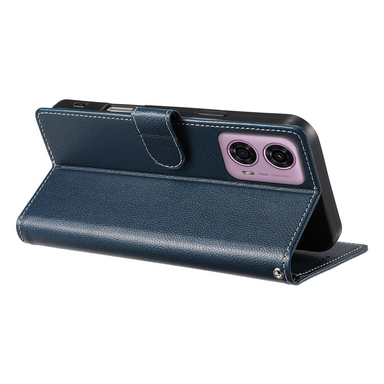 Stand Case for Motorola Moto G24 4G / G04 4G Litchi Texture Leather Wallet Phone Cover Magnetic Snap - Dark Blue