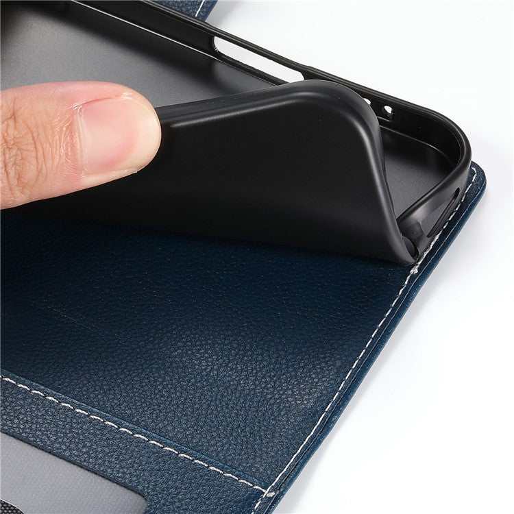Stand Case for Motorola Moto G24 4G / G04 4G Litchi Texture Leather Wallet Phone Cover Magnetic Snap - Dark Blue