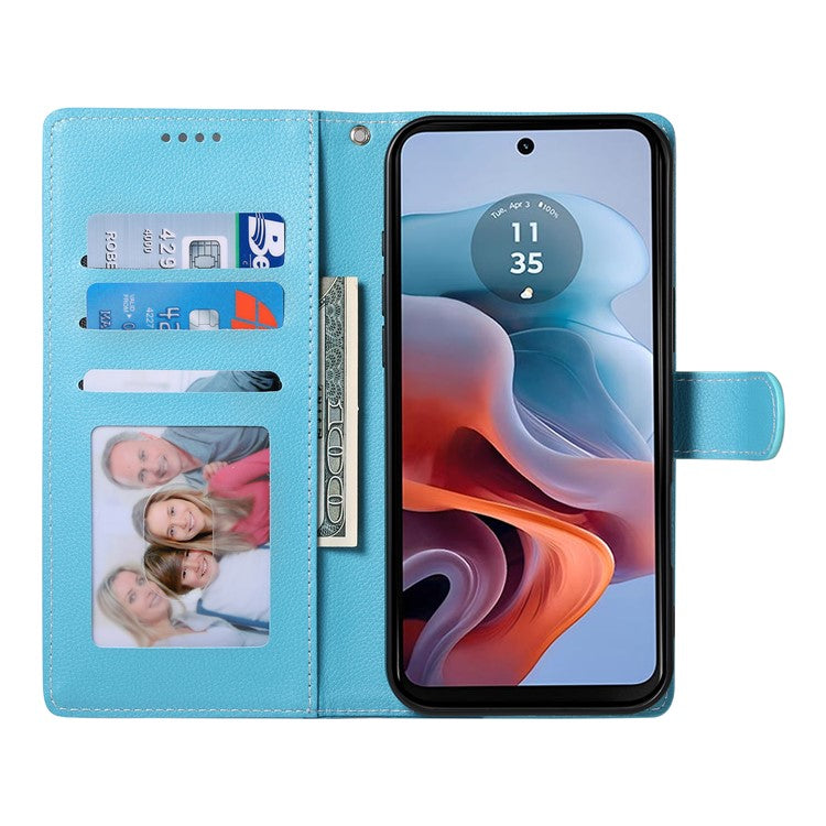 Stand Case for Motorola Moto G24 4G / G04 4G Litchi Texture Leather Wallet Phone Cover Magnetic Snap - Sky Blue