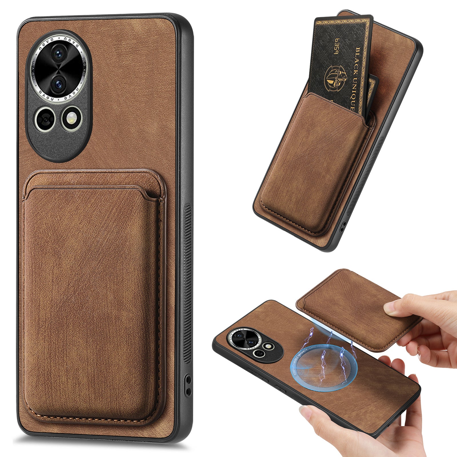 For Huawei nova 13 5G Case Compatible with MagSafe Leather Back Cover with Detachable Card Holder - Brown