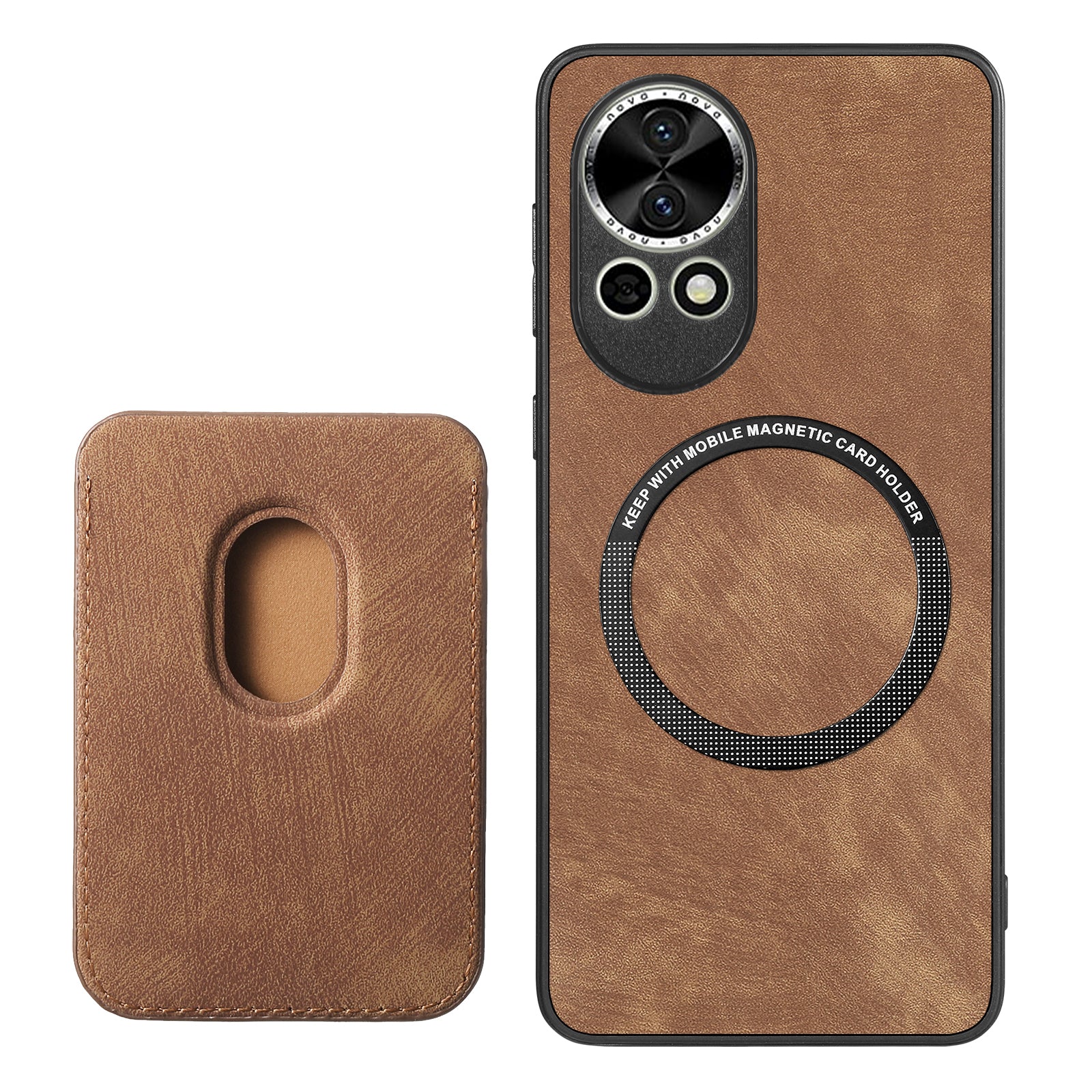 For Huawei nova 13 5G Case Compatible with MagSafe Leather Back Cover with Detachable Card Holder - Brown