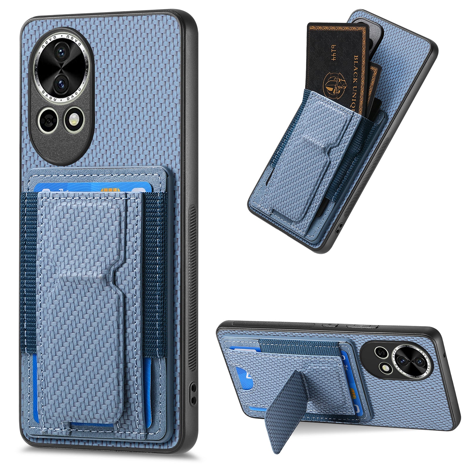 For Huawei nova 13 5G Case with Card Holder Kickstand Fiber Pattern Leather Back Cover - Blue