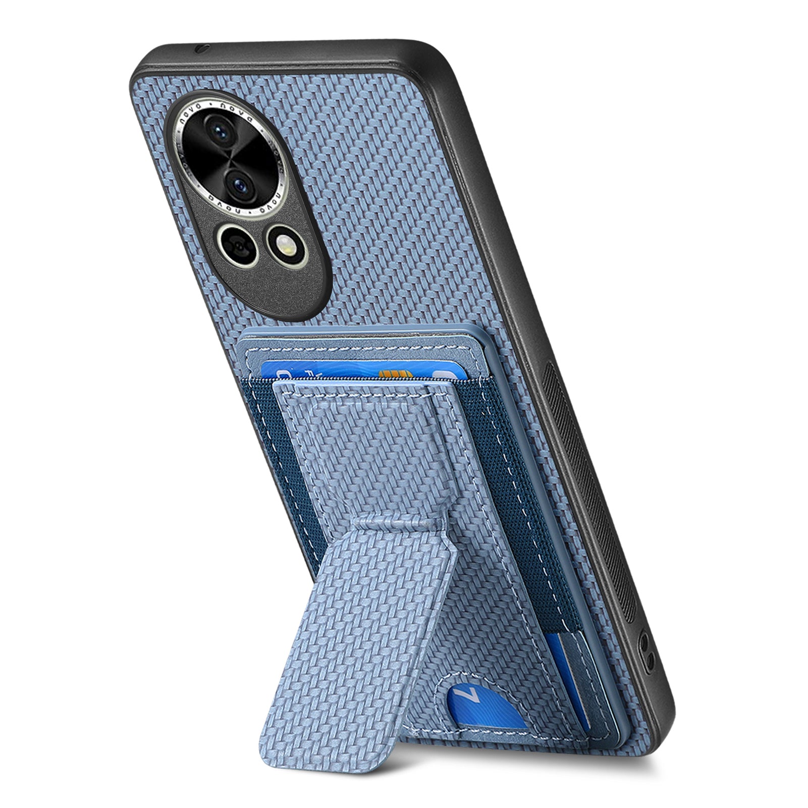 For Huawei nova 13 5G Case with Card Holder Kickstand Fiber Pattern Leather Back Cover - Blue