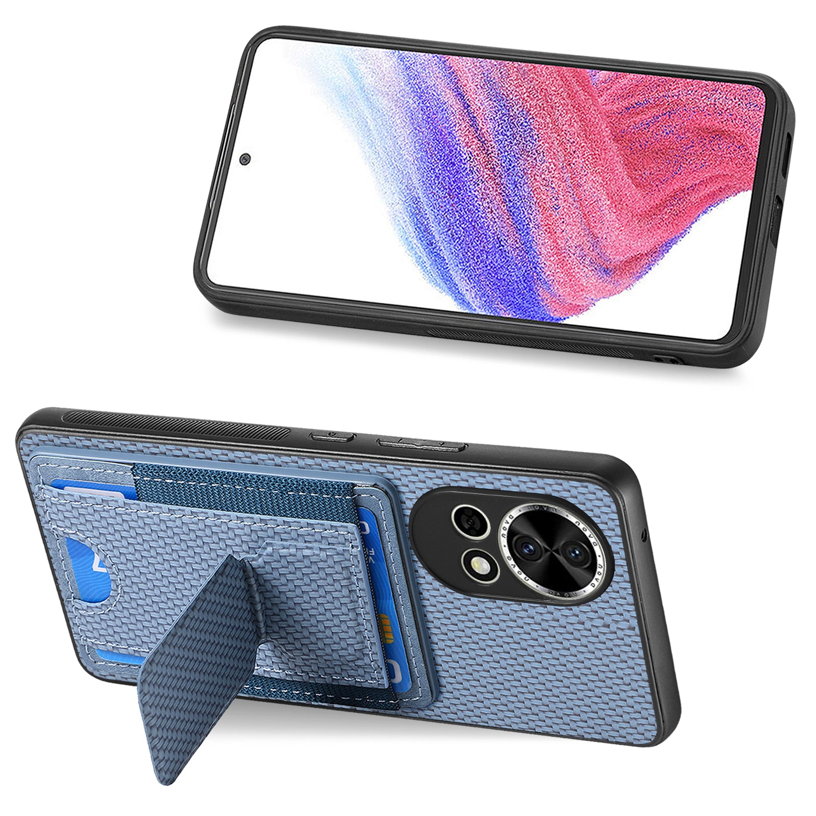 For Huawei nova 13 5G Case with Card Holder Kickstand Fiber Pattern Leather Back Cover - Blue