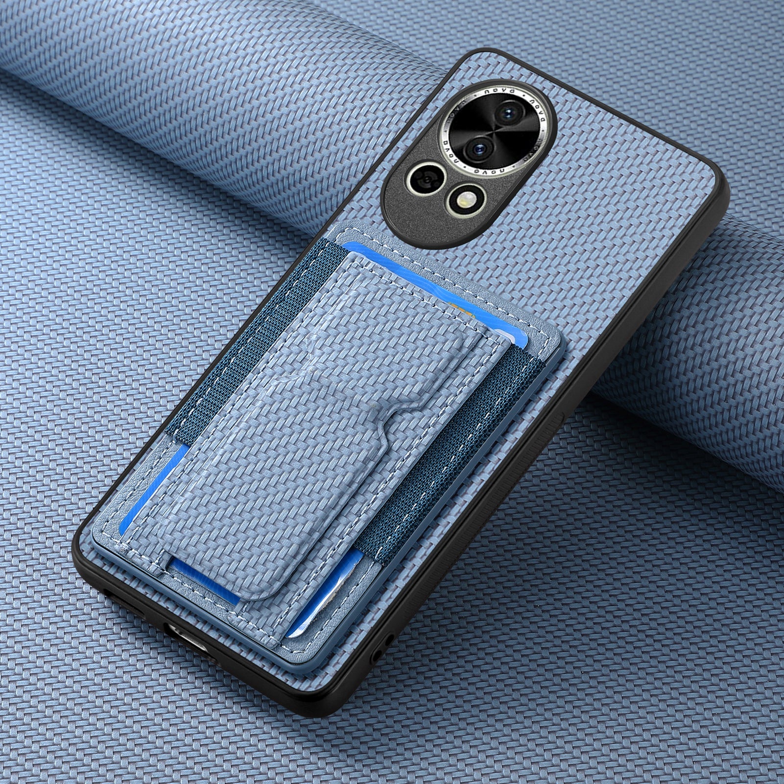 For Huawei nova 13 5G Case with Card Holder Kickstand Fiber Pattern Leather Back Cover - Blue