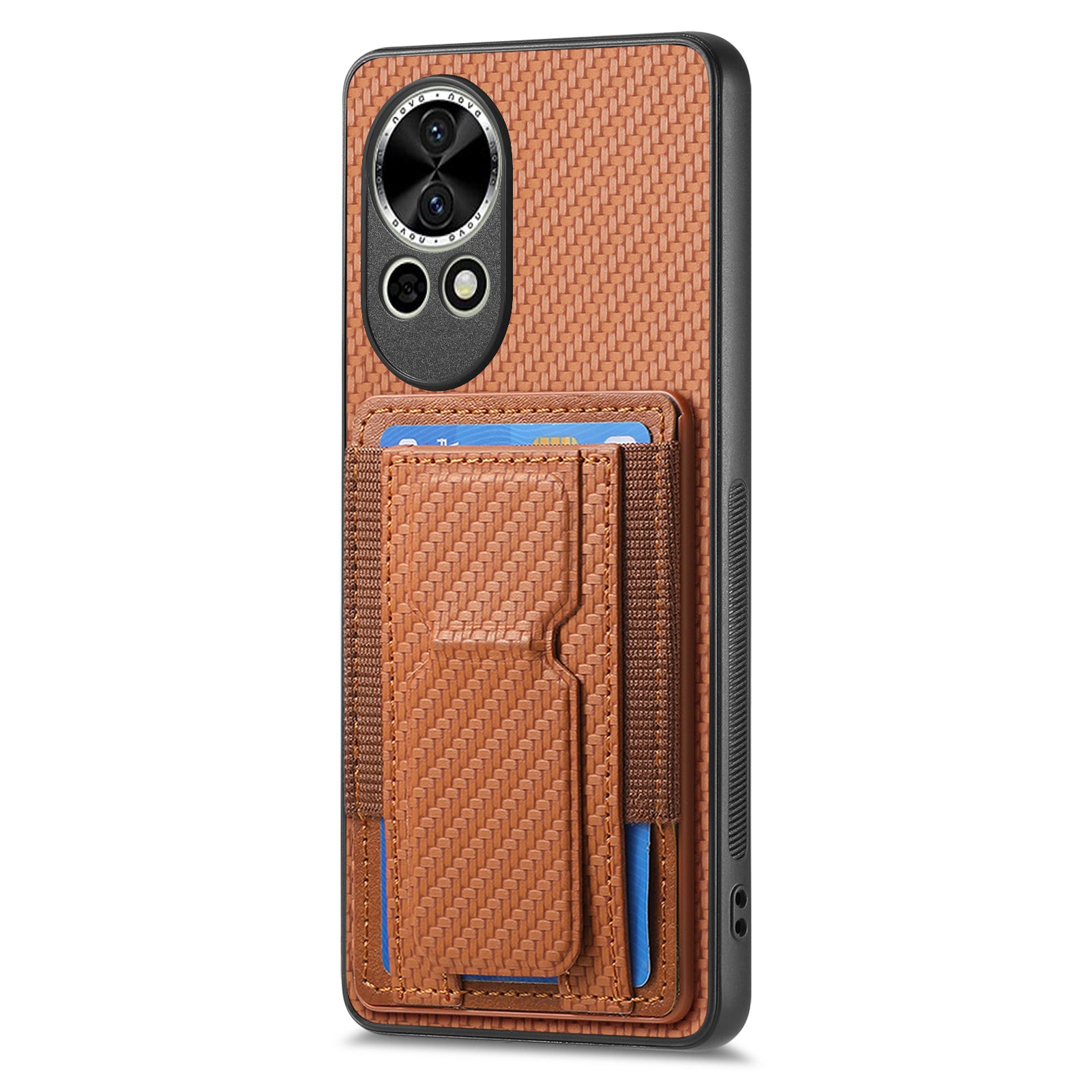 For Huawei nova 13 5G Case with Card Holder Kickstand Fiber Pattern Leather Back Cover - Brown