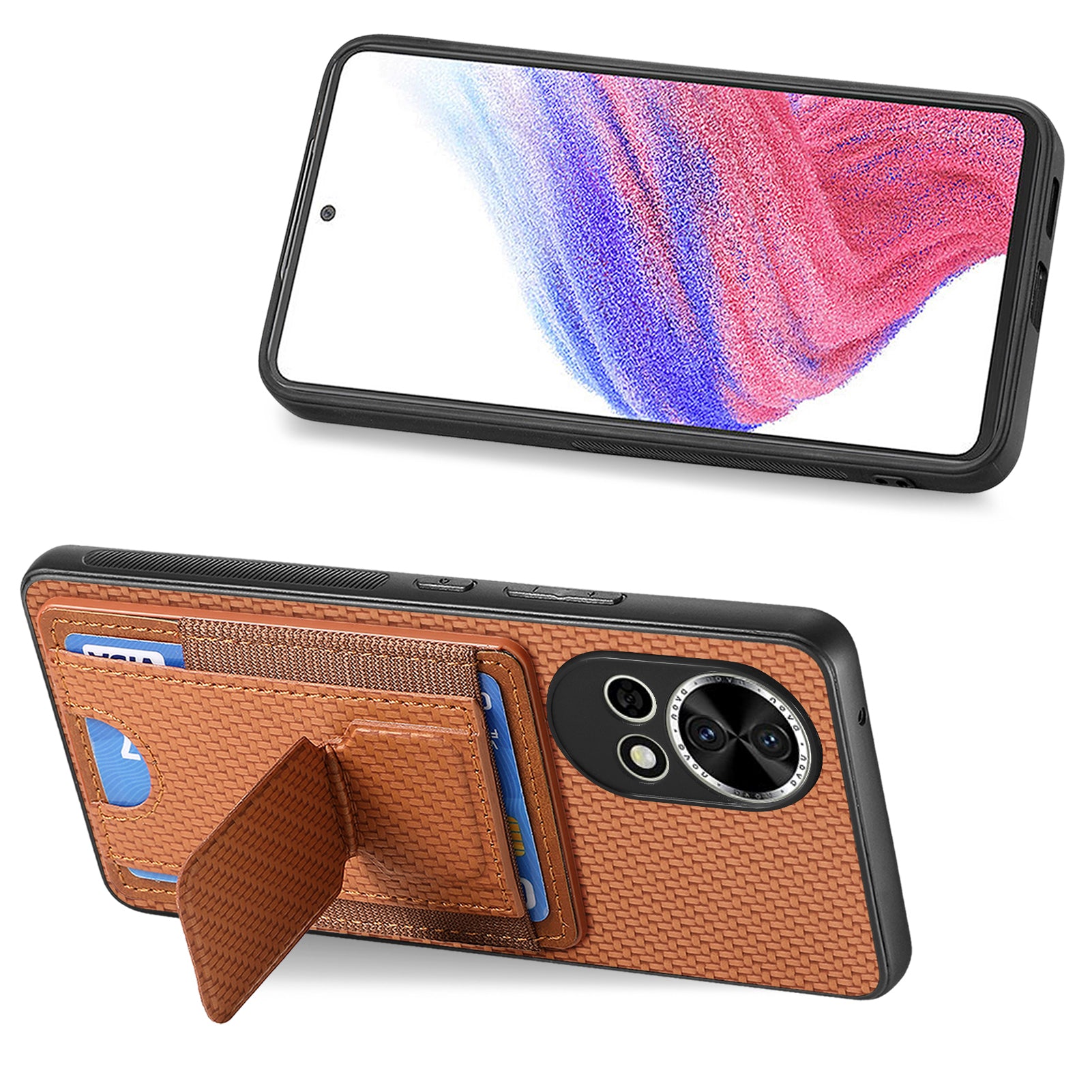 For Huawei nova 13 5G Case with Card Holder Kickstand Fiber Pattern Leather Back Cover - Brown