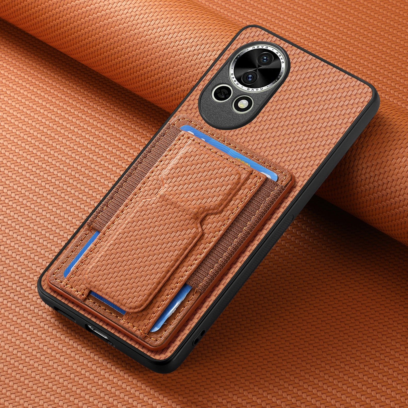 For Huawei nova 13 5G Case with Card Holder Kickstand Fiber Pattern Leather Back Cover - Brown