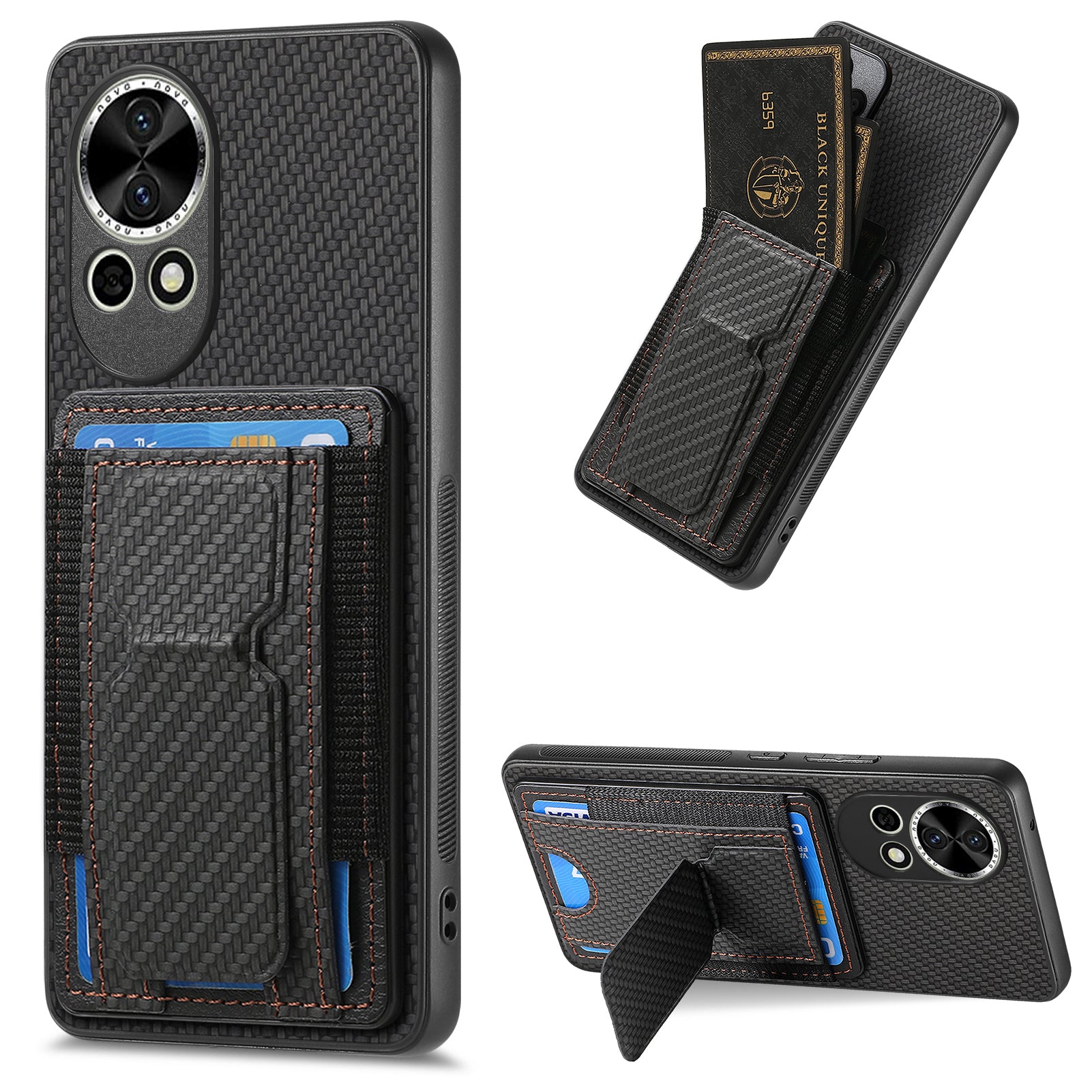 For Huawei nova 13 5G Case with Card Holder Kickstand Fiber Pattern Leather Back Cover - Black