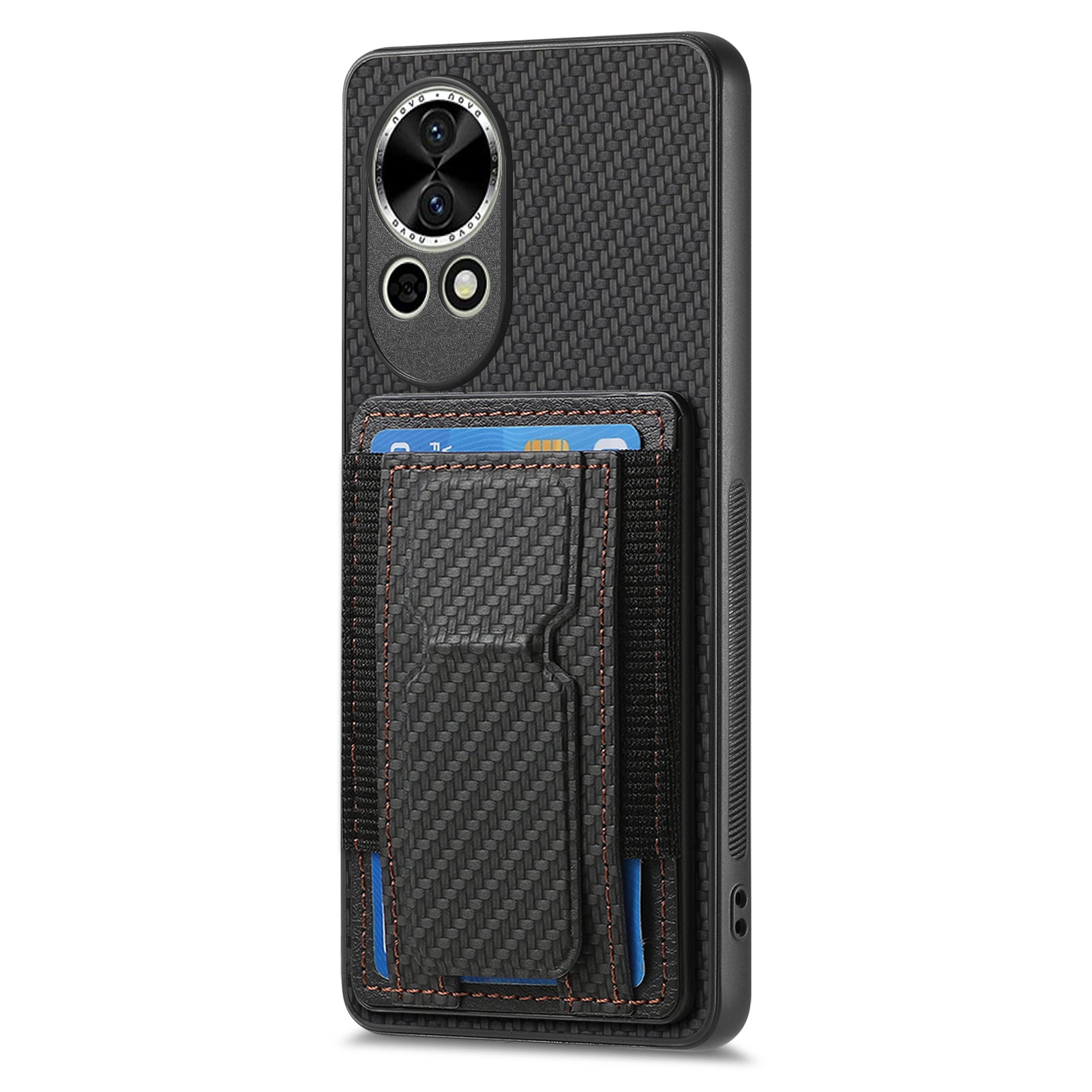For Huawei nova 13 5G Case with Card Holder Kickstand Fiber Pattern Leather Back Cover - Black