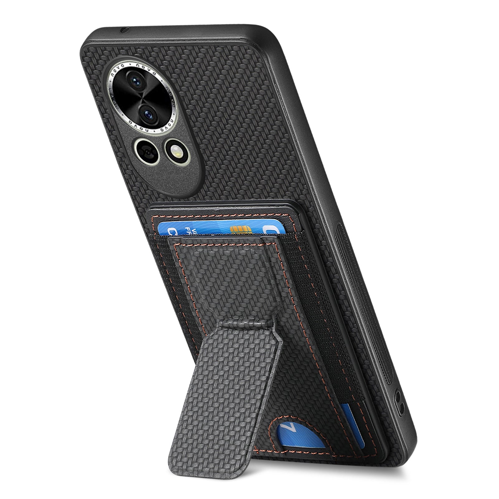 For Huawei nova 13 5G Case with Card Holder Kickstand Fiber Pattern Leather Back Cover - Black