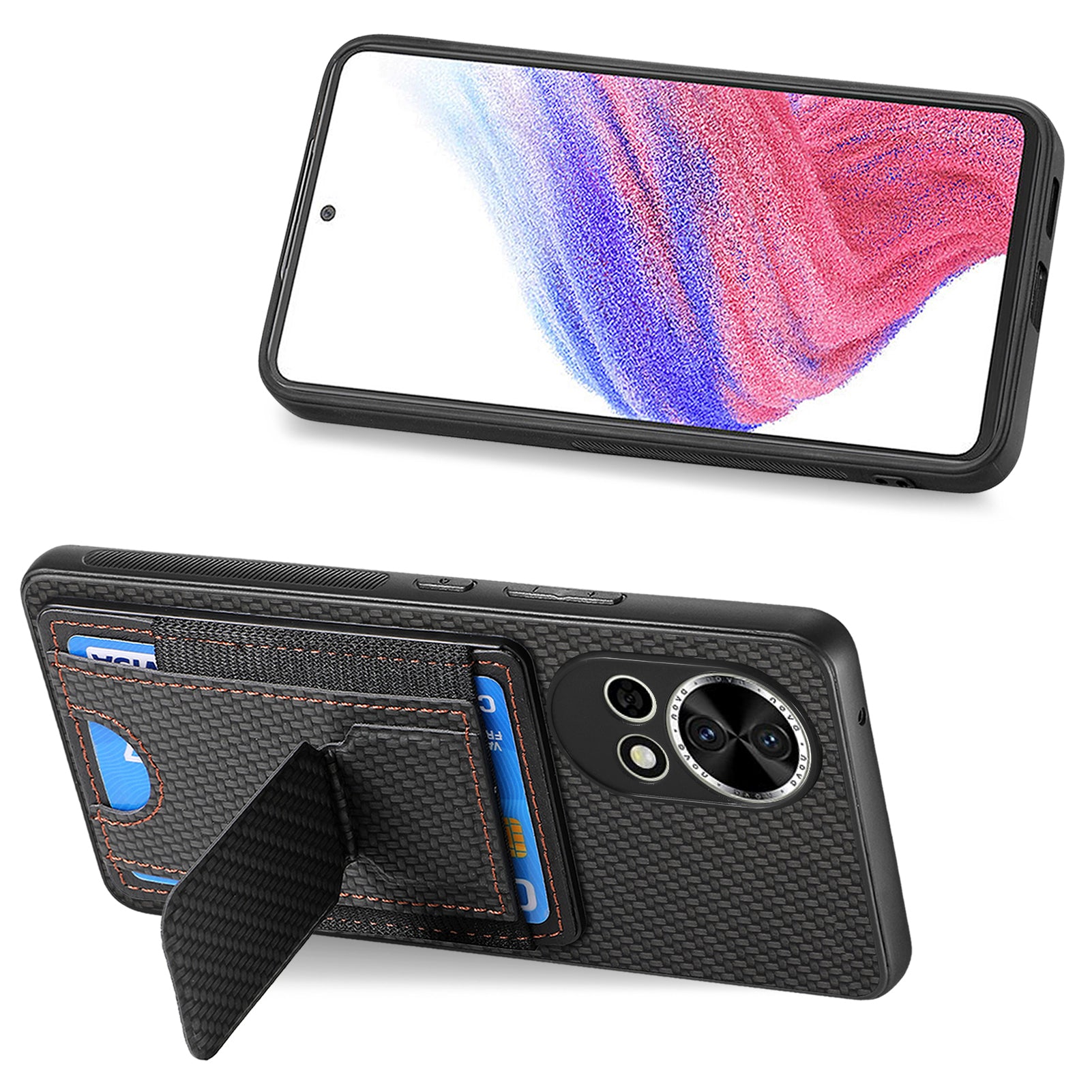 For Huawei nova 13 5G Case with Card Holder Kickstand Fiber Pattern Leather Back Cover - Black